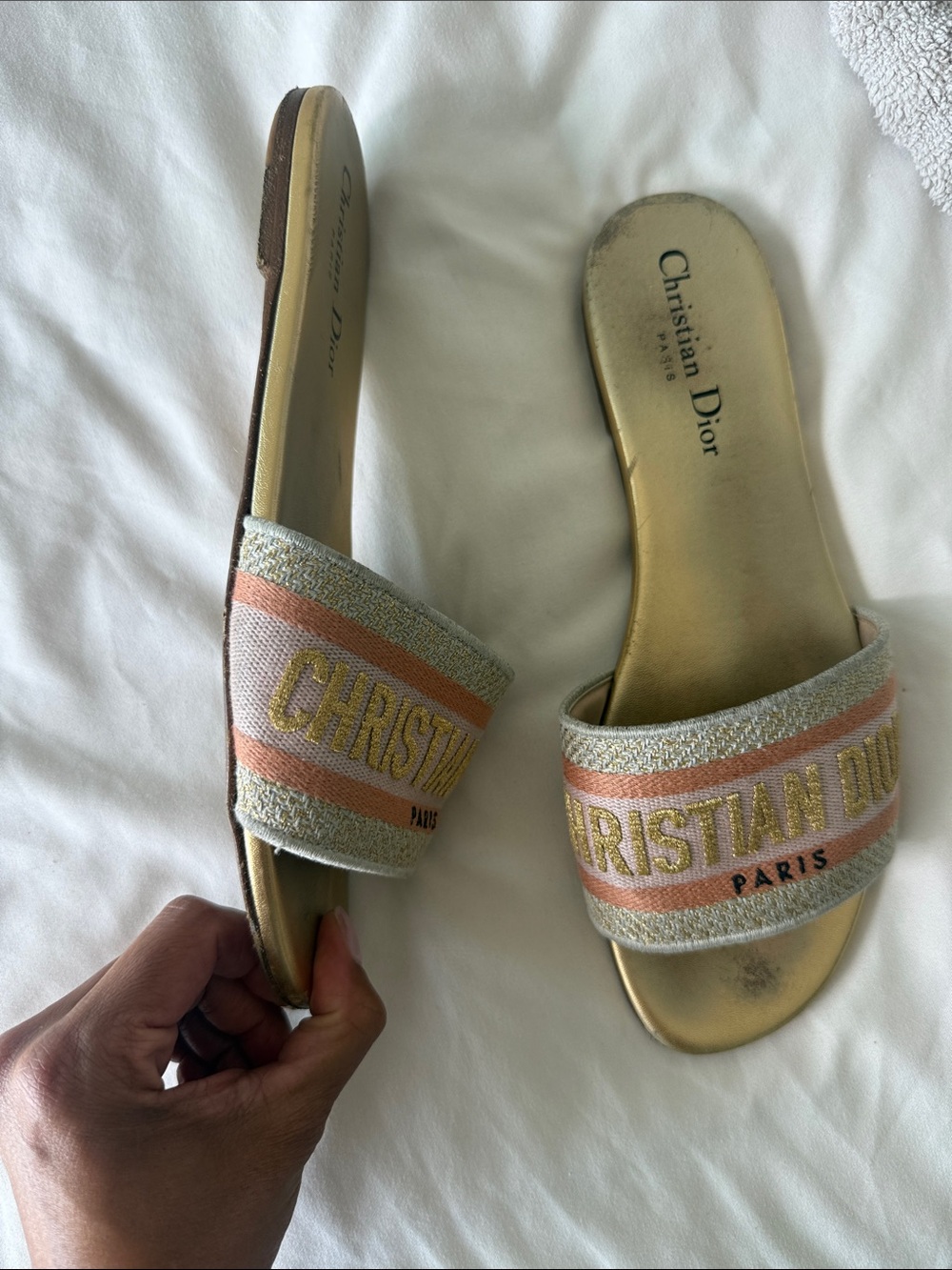 Dior Gold and Pink Embroidered Slide Sandals - Picture 9 of 9